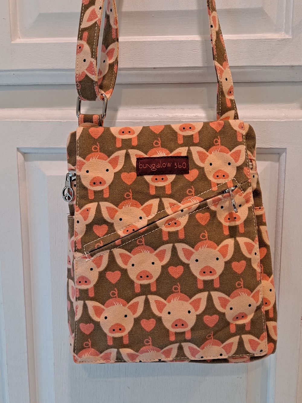 bungalow 360 Pink & Tan Piglet Small Messenger Cotton Canvas Crossbody Bag